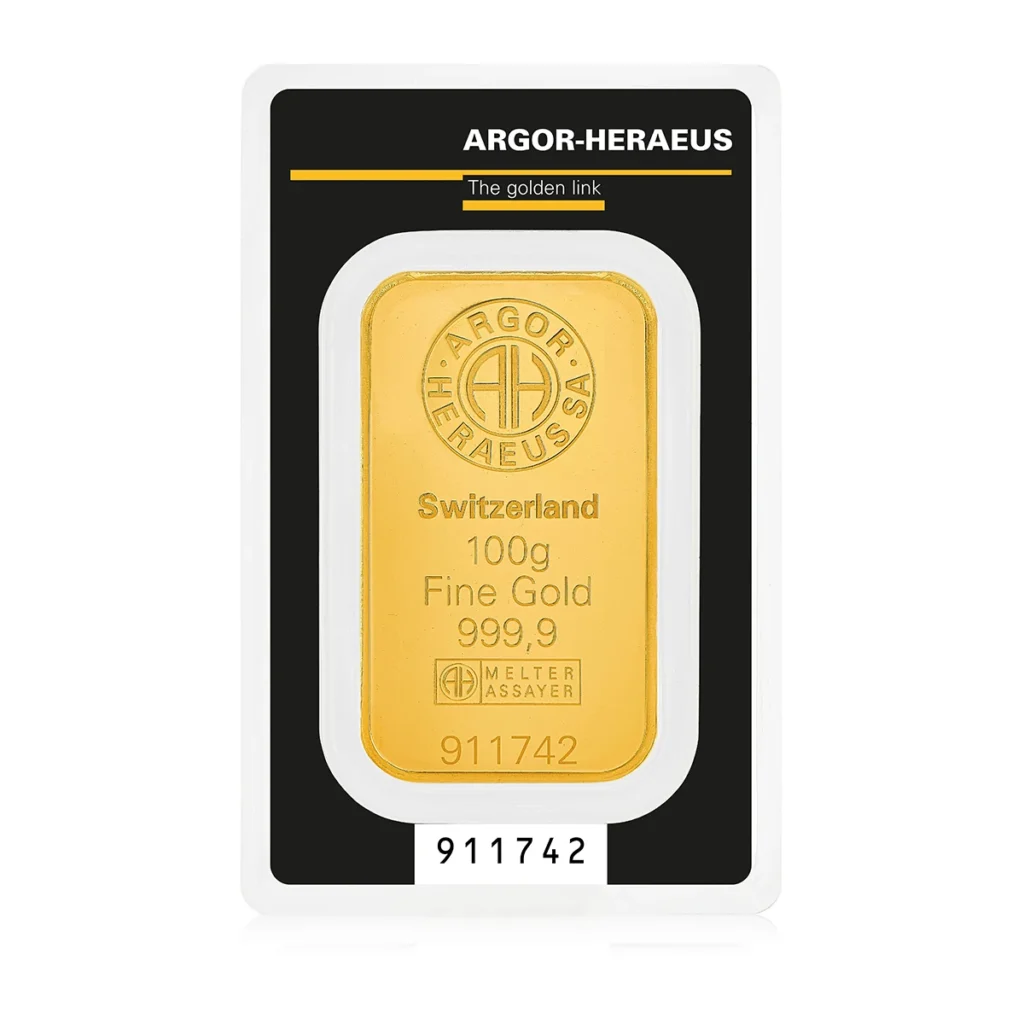 Befektetési aranyrúd, 100 gramm, 999,9 ezrelék (Argor-Heraeus)