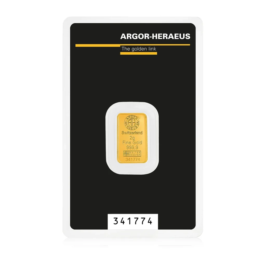 Befektetési aranyrúd, 2 gramm, 999,9 ezrelék (Argor-Heraeus)