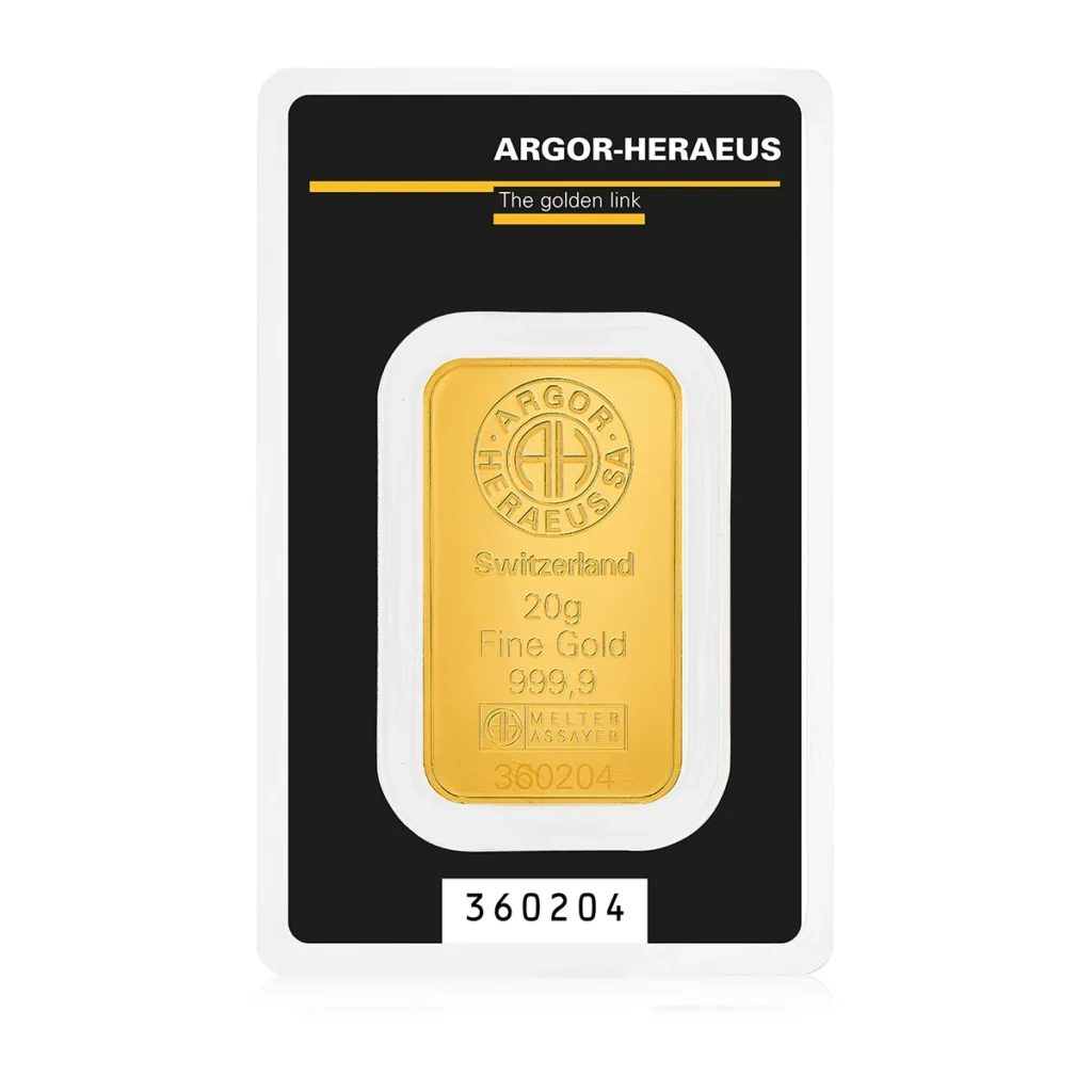 Befektetési aranyrúd, 20 gramm, 999,9 ezrelék (Argor-Heraeus)
