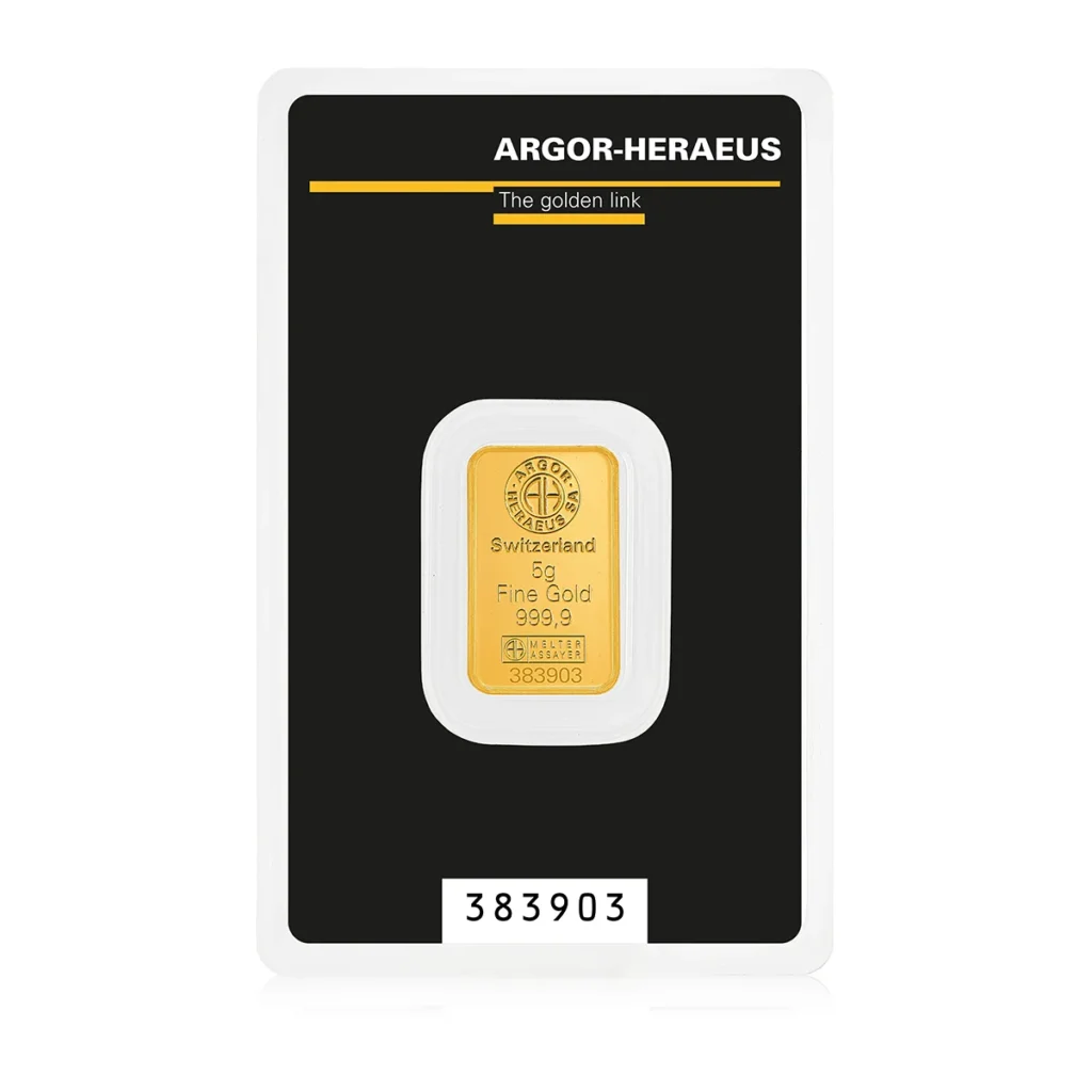 Befektetési aranyrúd, 5 gramm, 999,9 ezrelék (Argor-Heraeus)