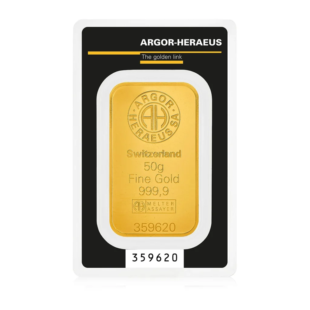 Befektetési aranyrúd, 50 gramm, 999,9 ezrelék (Argor-Heraeus)